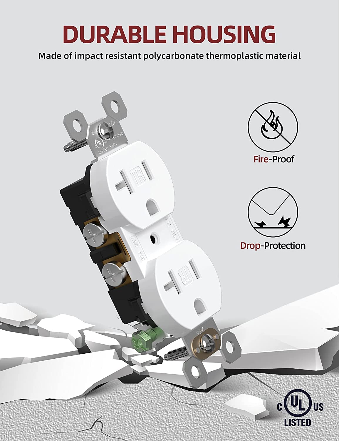 AIDA 20 amp Outlet Duplex Electrical Receptacle Outlets,Tamper Resistant,Heavy-Duty Receptacle Wall Outlet,Residential,TR,3-Wire, Self-Grounding Clip, NEMA 5-20R,UL Listed 50 Pack, White