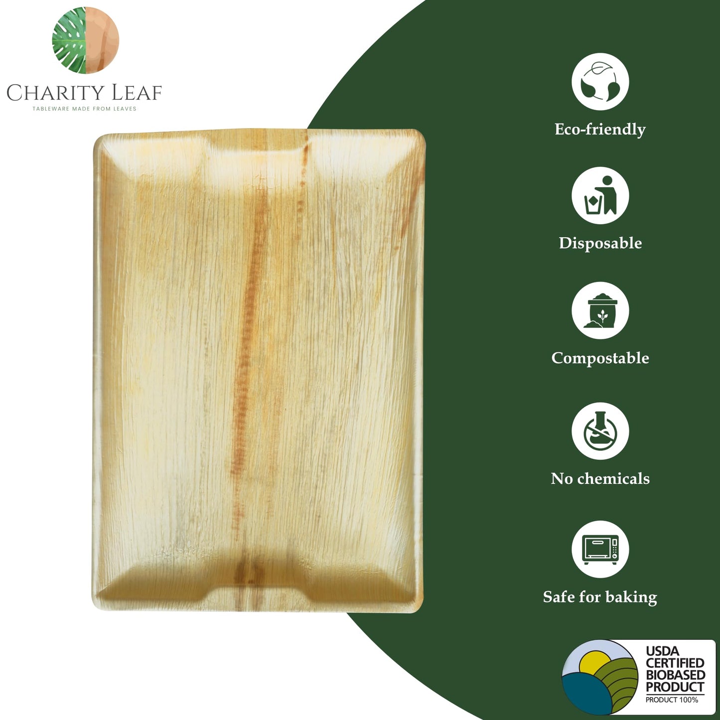 Charity Leaf Disposable Palm Leaf 17" x 12" Rectangle Trays (10 Pieces) Bamboo Like Serving Platters, Disposable Boards, Eco-Friendly Dinnerware for Weddings, Catering, Events