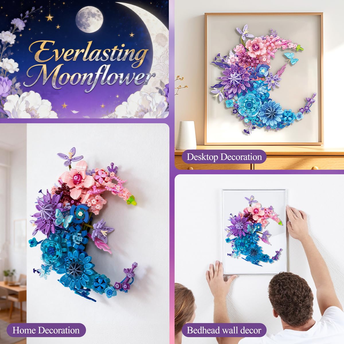 Moon Eternal Flower Decoration Building Set for Adults, 977 Pcs Micro-Particle Crescent-Shaped Artificial Flowers Building Blocks with Built-in Wall-Mounting Holes for Easy Wall Display (JJ9163)