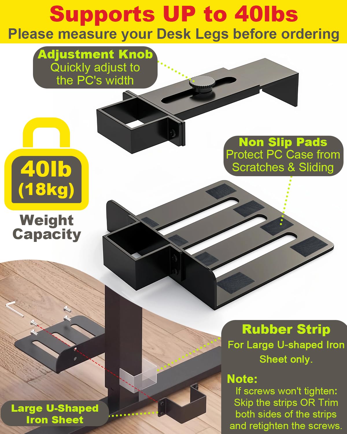 Under Desk PC Mount - No Drilling 40 lb Capacity, CPU Holder Under Desk, Adjustable Height and Width, Clamp-on Desk Leg PC Mount for Standing Desk (Fits 80mm×50mm Legs only), with Non-Slip Pads, Black