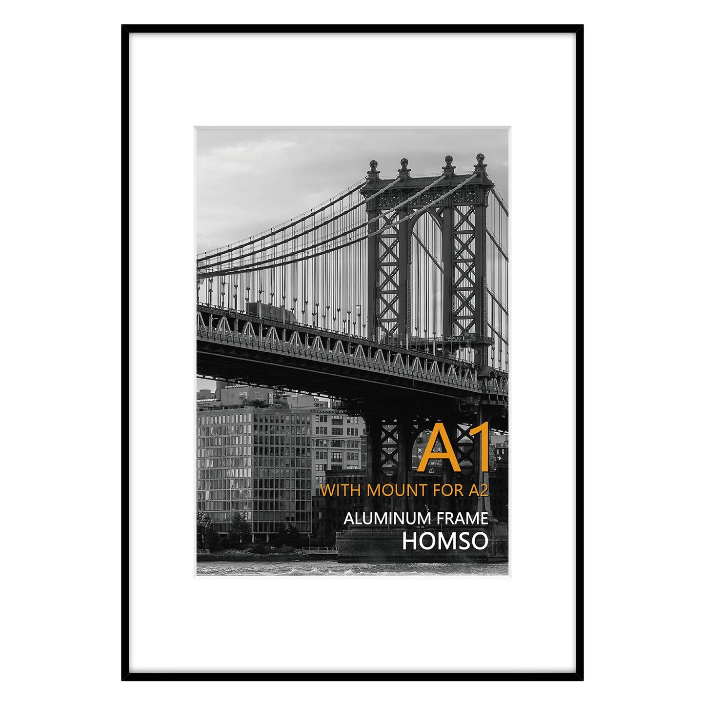 Homso A1 Poster Pciture Frame, Display Pictures A2 with Mat or 23.4x33.1 Without Mat, Thin Border Metal Frames with Plexiglass for Horizontal and Vertical, Black