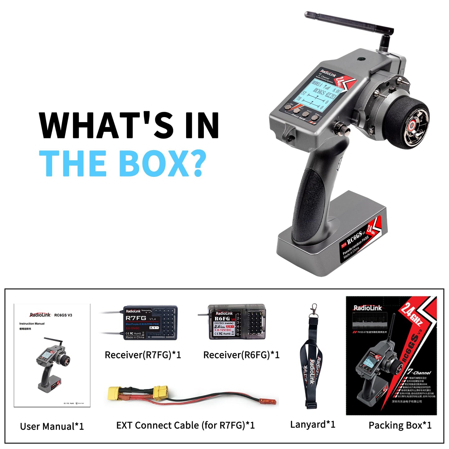 Radiolink RC6GS V3 7 Channels RC Radio Transmitter with R7FG & R6FG Gyro 2Pcs Receivers 2.4GHz 600m for Remote Control Car, Truck, Buggy, Racing Vehicle, Crawler, RC Boat