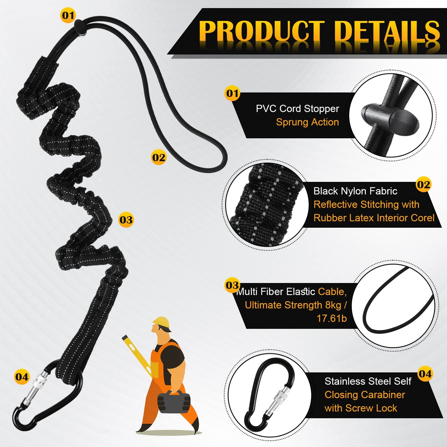 LEIFIDE 24 Pcs Tool Lanyard Standard Length Safety Tool Leash 17.6lb 8kg Tough Adjustable Fall Protection Tether with Aluminum Screw Lock Buckle, Shock Cord Stopper and Retractable Loop End, Black