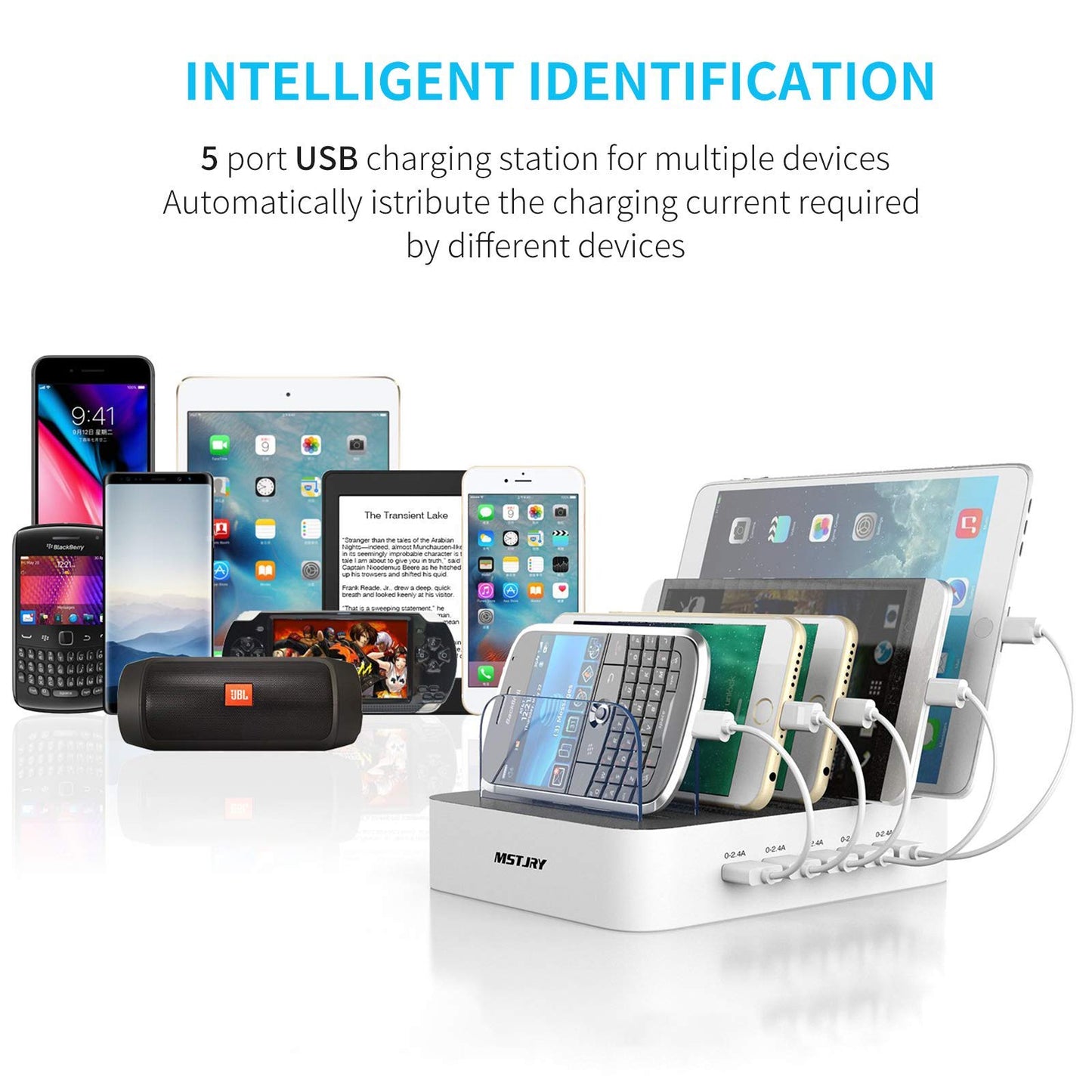 Charging Station for Multiple Devices, MSTJRY 5 Port Multi USB-A Charger Station with Power Switch Designed for iPhone iPad Cell Phone Tablets (White, 6 Mixed Short Cables Included)