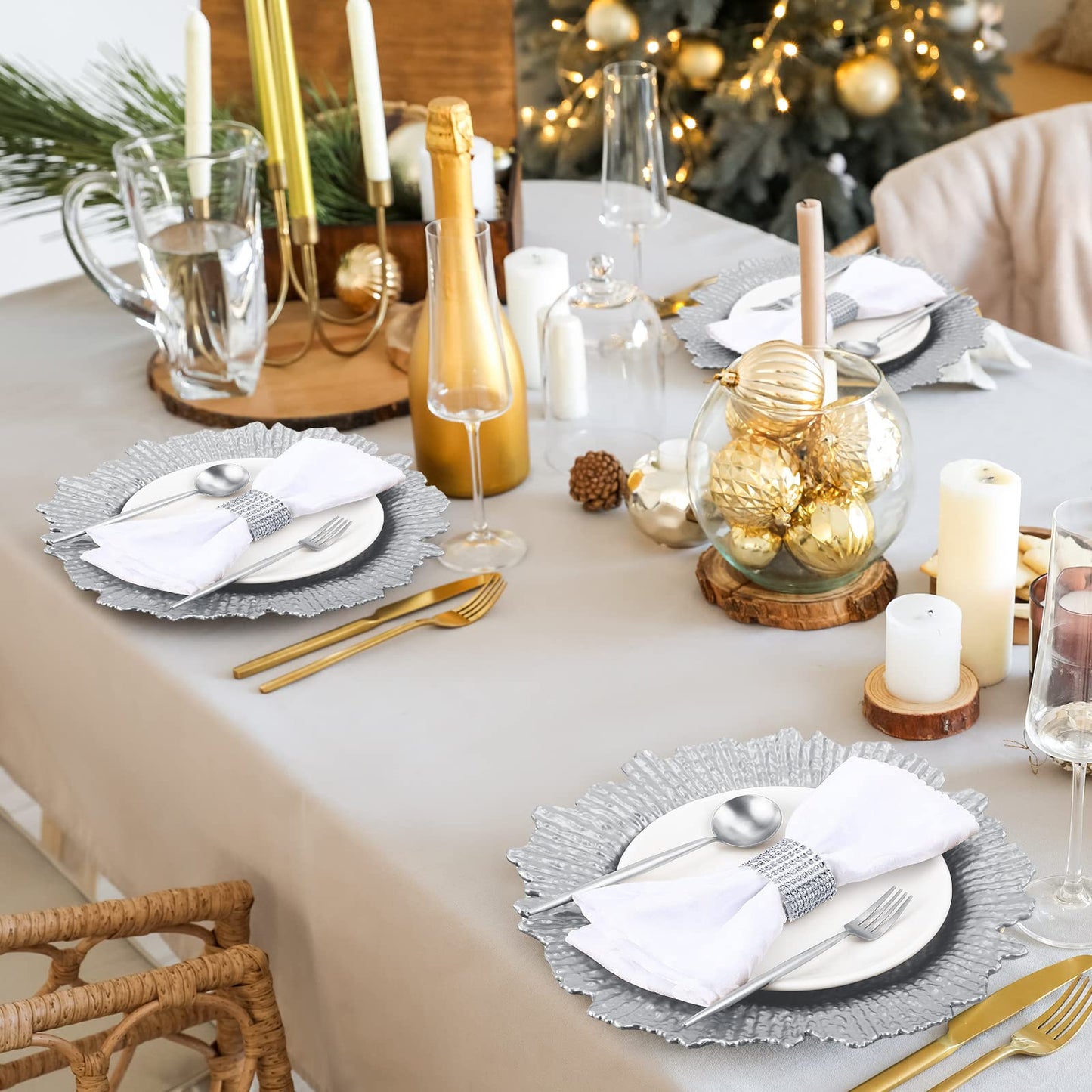 50 Pcs 13 Inch Charger Plates Bulk Plastic Plate Chargers with Floral Reef Design Round Ruffled Rim Dinner Charger Plates for Dinner Wedding Party Event Table Setting Decor (Silver)