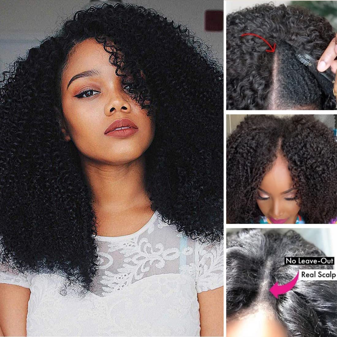 Nadula V Part Kinky Curly Wigs Human Hair No Leave Out Upgraded U Part Wigs for Women Affordable 4C Afro Curly Vpart Wigs Clip in Half Wig Beginner Friendly 150% Density Natural Color 18inch