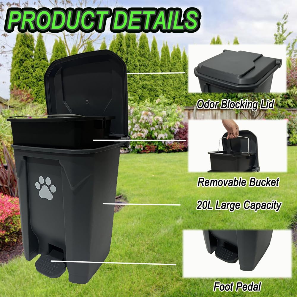 CCAATVG 20L/5Gallon Dog Poop Trash Can Outside with Waste Bags Outdoor Dog Poop Trash Can for Backyard with Lid Odorless Waterproof Foot Pedal and Removable Inner Bucket