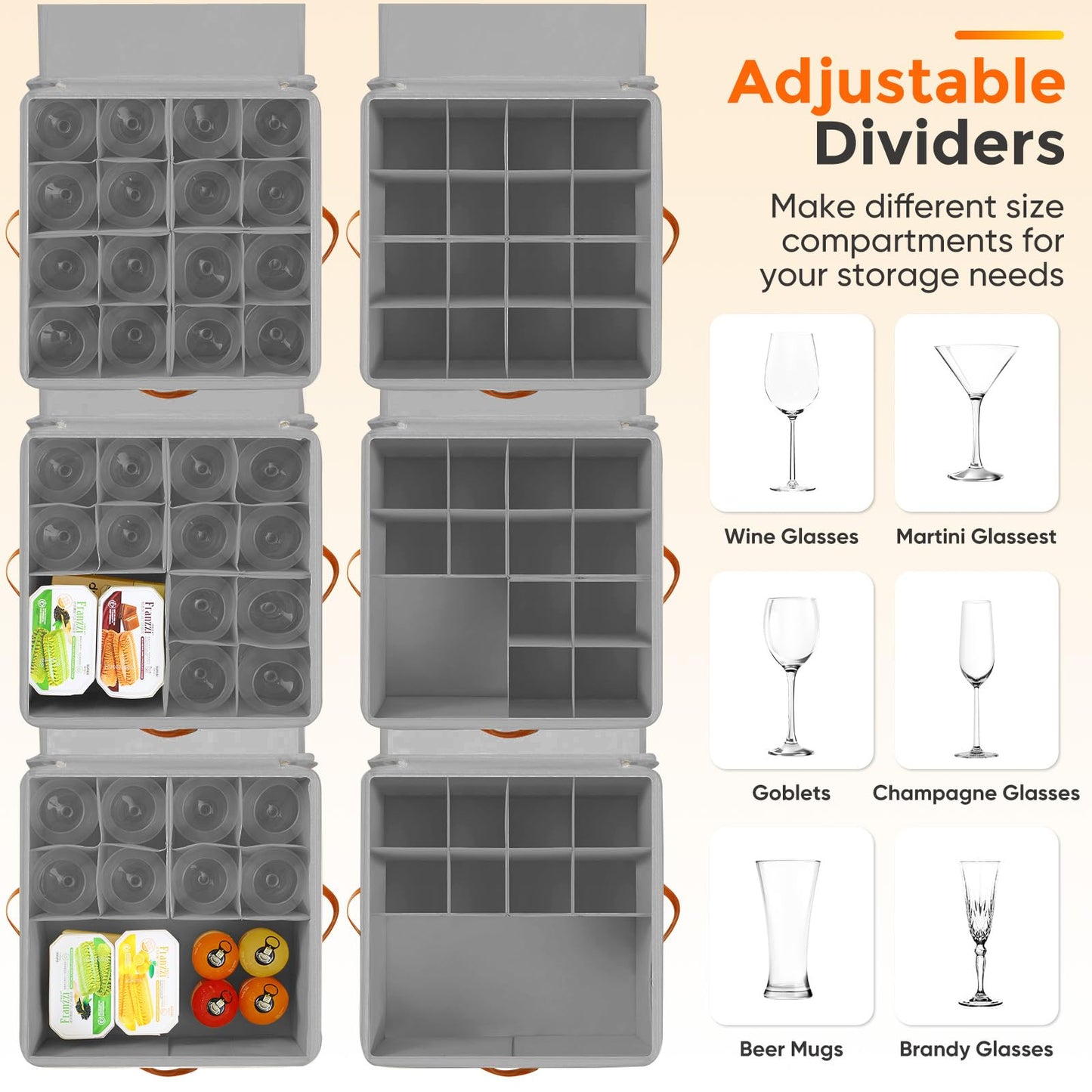 Foyego Wine Glass Storage Box with Dividers, 2 Pack Glassware Storage Containers, Stemware Storage Cases Holds 32 Wine Glasses, Stackable Crystal Storage Containers with Clear Cover for Moving, Gray