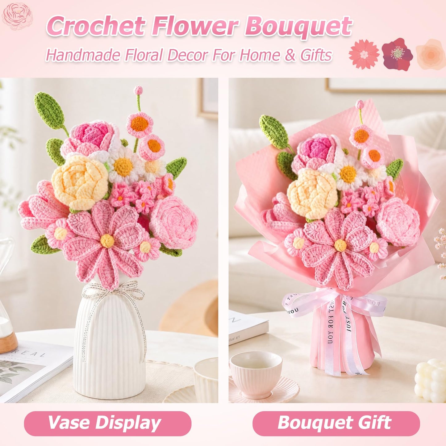Crochet Flower Bouquet Pink, Handmade Knitted Floral, Crochet Tulips Galsang Flower for Women Mom Wife Girlfriend for Mother's Day Valentine's Day Birthday Anniversary Graduation with Gift Bag & Card