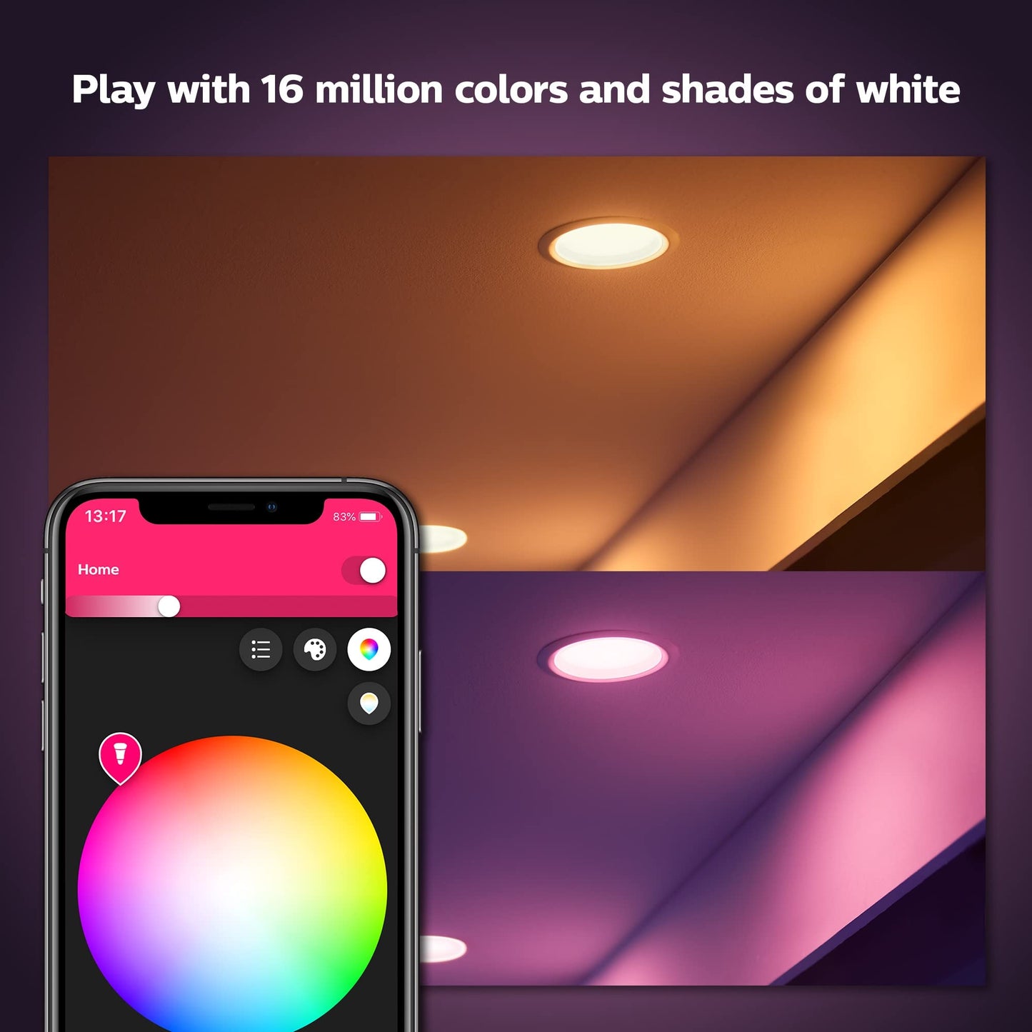 Philips Hue Smart Retrofit Recessed Lighting 4 inch - White and Color Ambiance Color-Changing Light - 850 Lumen - Control with Hue App - compatible with Alexa, Google Assistant, Apple Homekit - 1 Pack