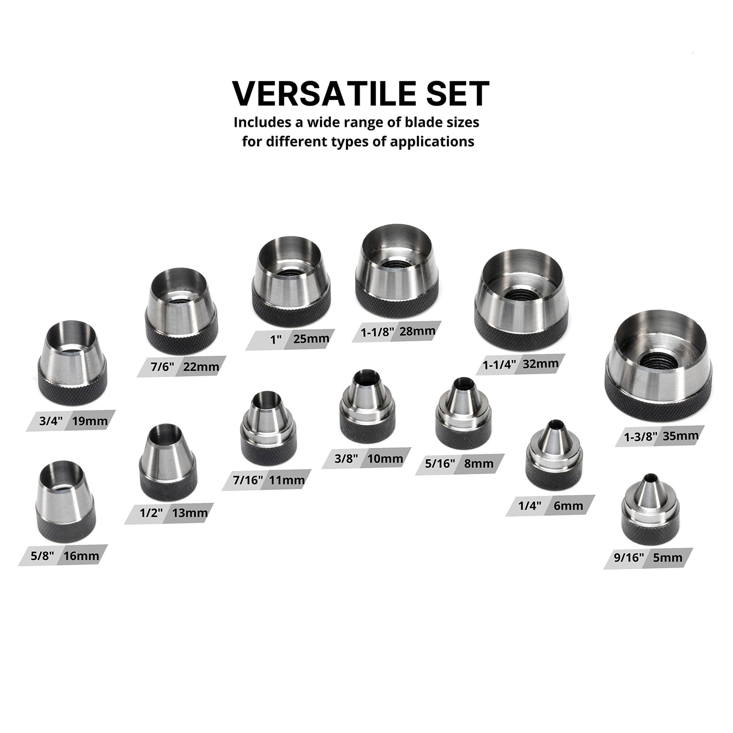 NEIKO 02604A Hole Punch Set | SAE & Metric, 3/16” – 1-3/8” & 5 – 35mm | 14 Piece Sharp Hollow Hole Punch Kit, Gasket Cutting Puncher, Foam Cutter, & Leather Hole Punches | 6” Interchangeable