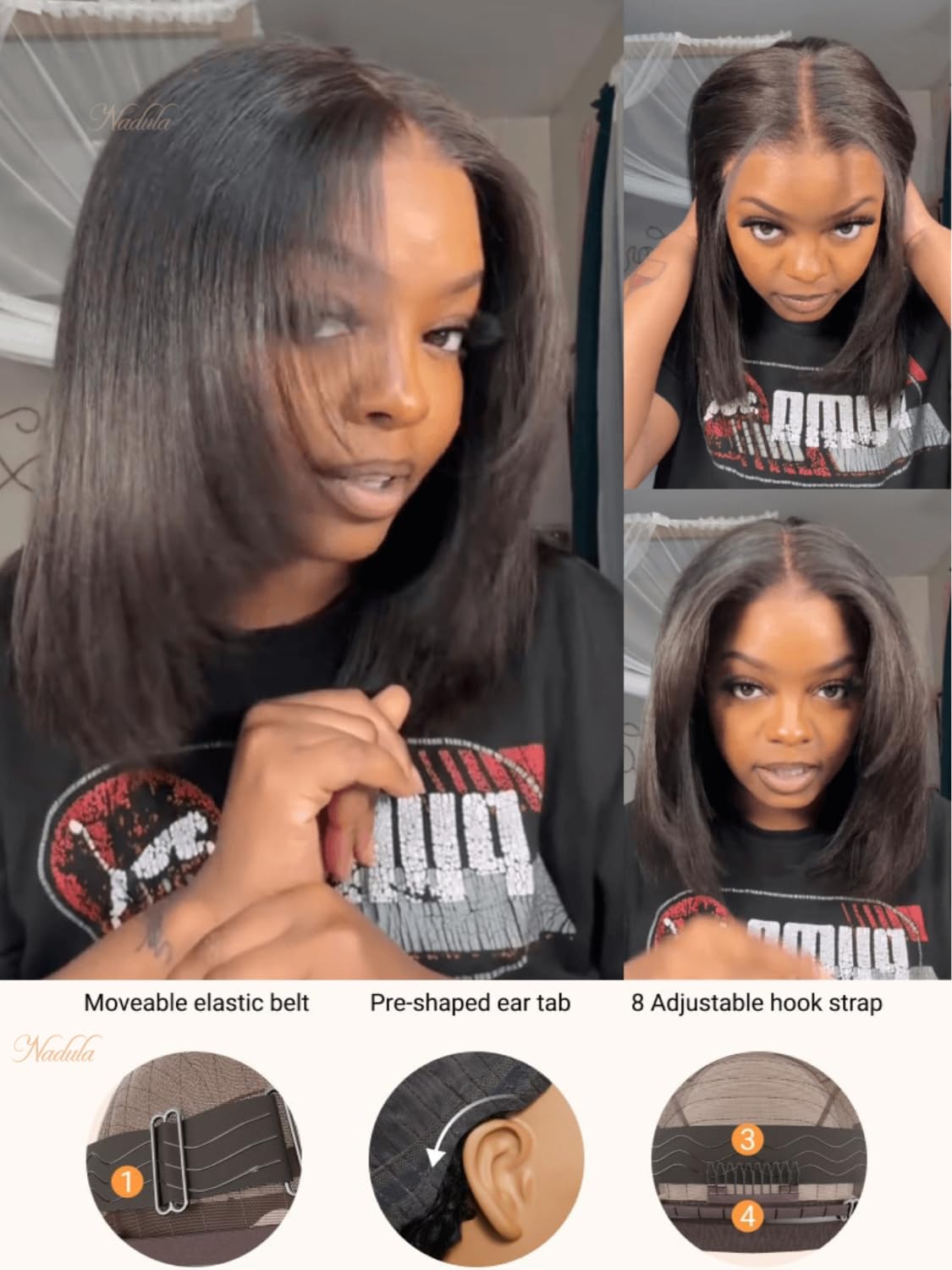 Nadula Bye Bye Knots Yaki Straight Bob Glueless Wig Pre Cut/Plucked/Bleached 7x5 Lace Front Wigs Human Hair Invisible Knots Pre Everything 3S Ready to Go Short Yaki Bob Wigs 150% Density 10inch