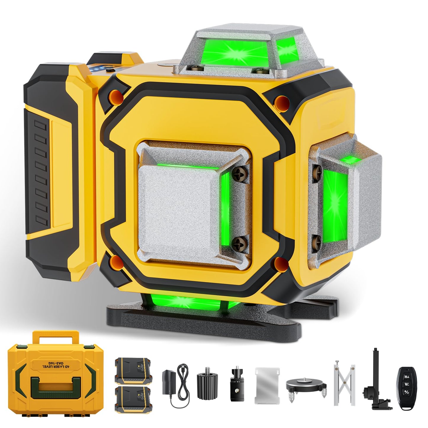 16 Line Laser Level 360 Self Leveling,Professional 4 x 360 Laser Level with Pulse Mode,4D Green Alignment Laser for Construction and Picture Hanging,with 2 Batteries,Magnetic Bracket,Hard Carry Case