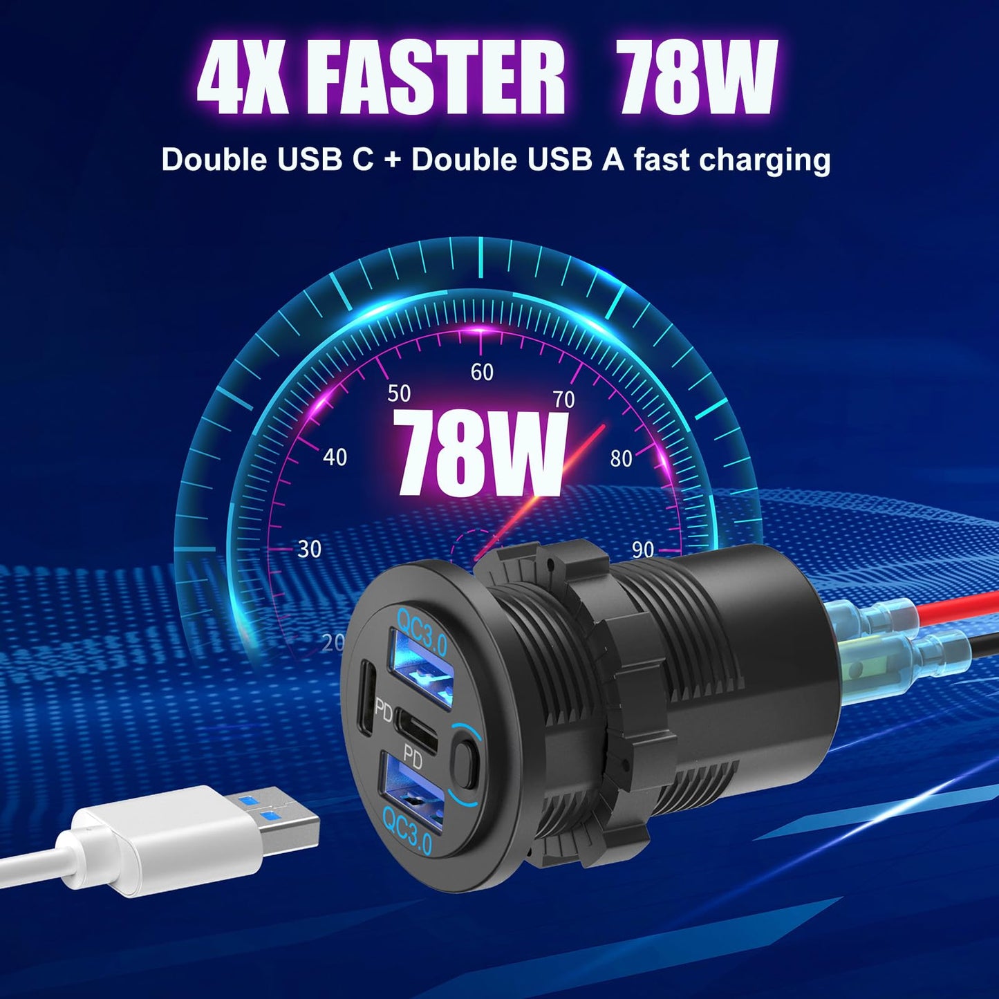 2 Pack 12V USB Outlet 4 Port Car Charger, 78W Super Fast Dual PD3.0 & QC3.0 Multiple USB Port for Car, USB C Cigarette Lighter Replacement 12 Volt Socket Waterproof for Marine Boat Motorcycle RV Golf