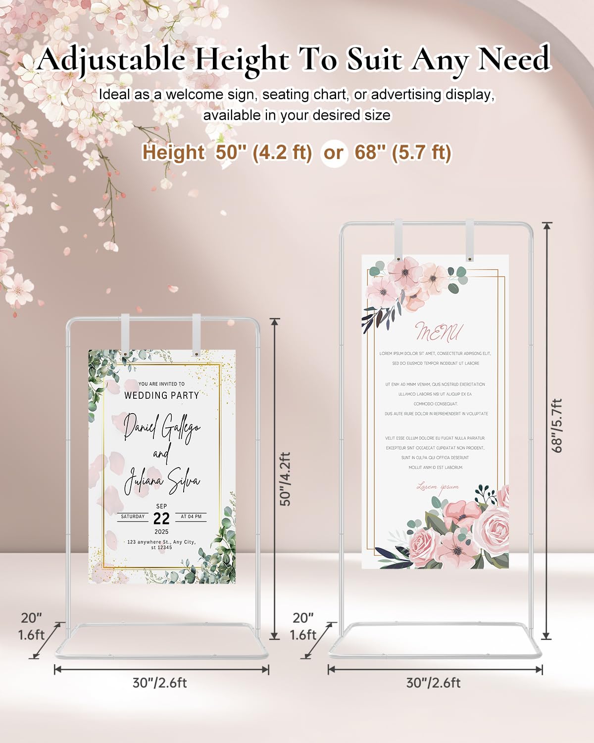 RARTOP Elegant White Wedding Easel Stand, Adjustable 30x20x68 in Welcome To Our Wedding Sign Display Stand with 39 Premium Templates&Leather Straps, Sturdy Display for Wedding, Birthday, Anniversary