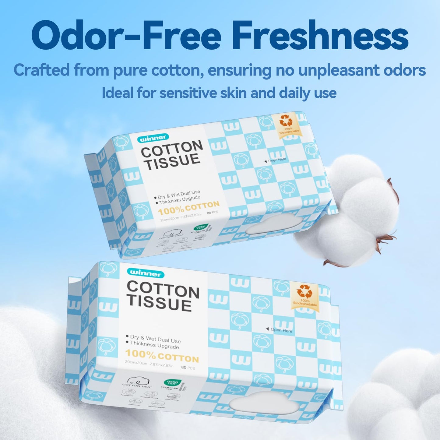 Winner Soft Face Towels, Upgraded Thicker 100% USA Cotton Dry Wipes, Unscented and Gentle on Sensitive Skin, Disposable Makeup Remover and Facial Towelettes (480 Count, Pack of 6)