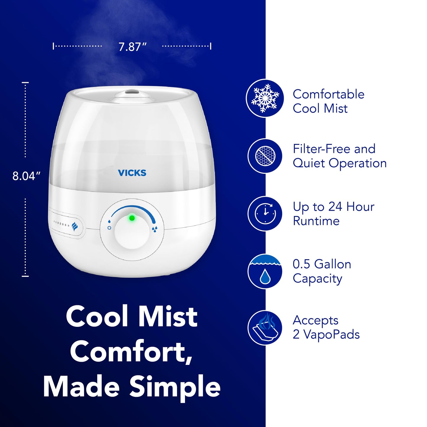 Vicks Mini Filter Free Cool Mist Humidifier, Small Room – Variable Mist Control – Works with Vicks VapoPads