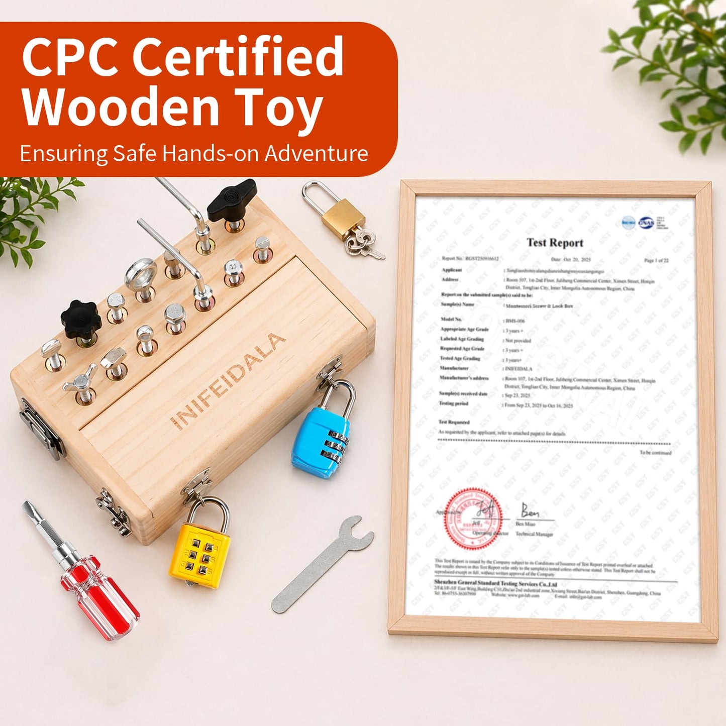 INIFEIDALA Montessori Busy Board Toddler Toys for Ages 3+ - Wooden Sensory Latches Board with Lock & Key & Kid Tool Screwdriver Set, Preschool Educational Toy - Fine Motor Skills - STEM Learning Toys