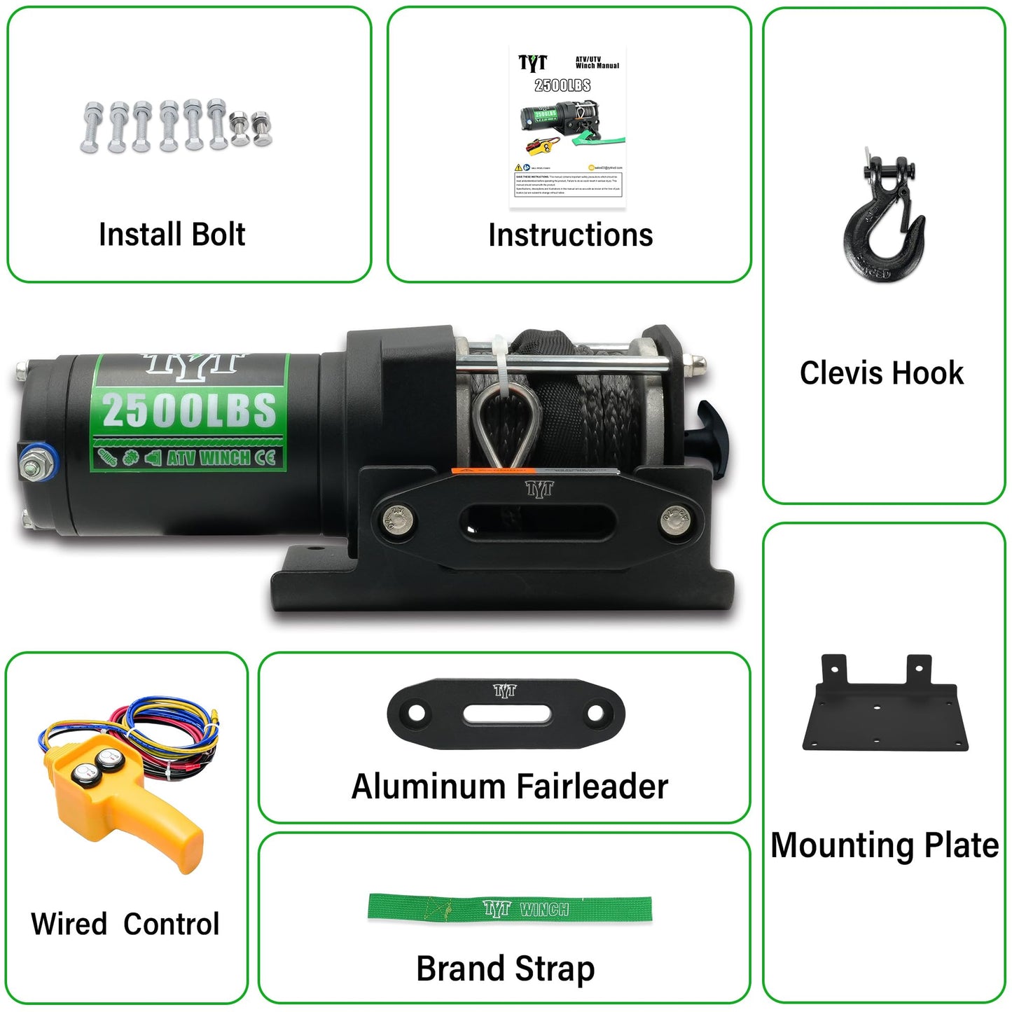 2500 lb ATV Electric Winch, 12V DC, Heavy Duty Synthetic Winch Rope 1/5" x 32FT, Wired Remote Control, Includes Fairlead, Winch Mounting Plate, Ideal for Off-Road, ATV, UTV, Boat Towing Off Road