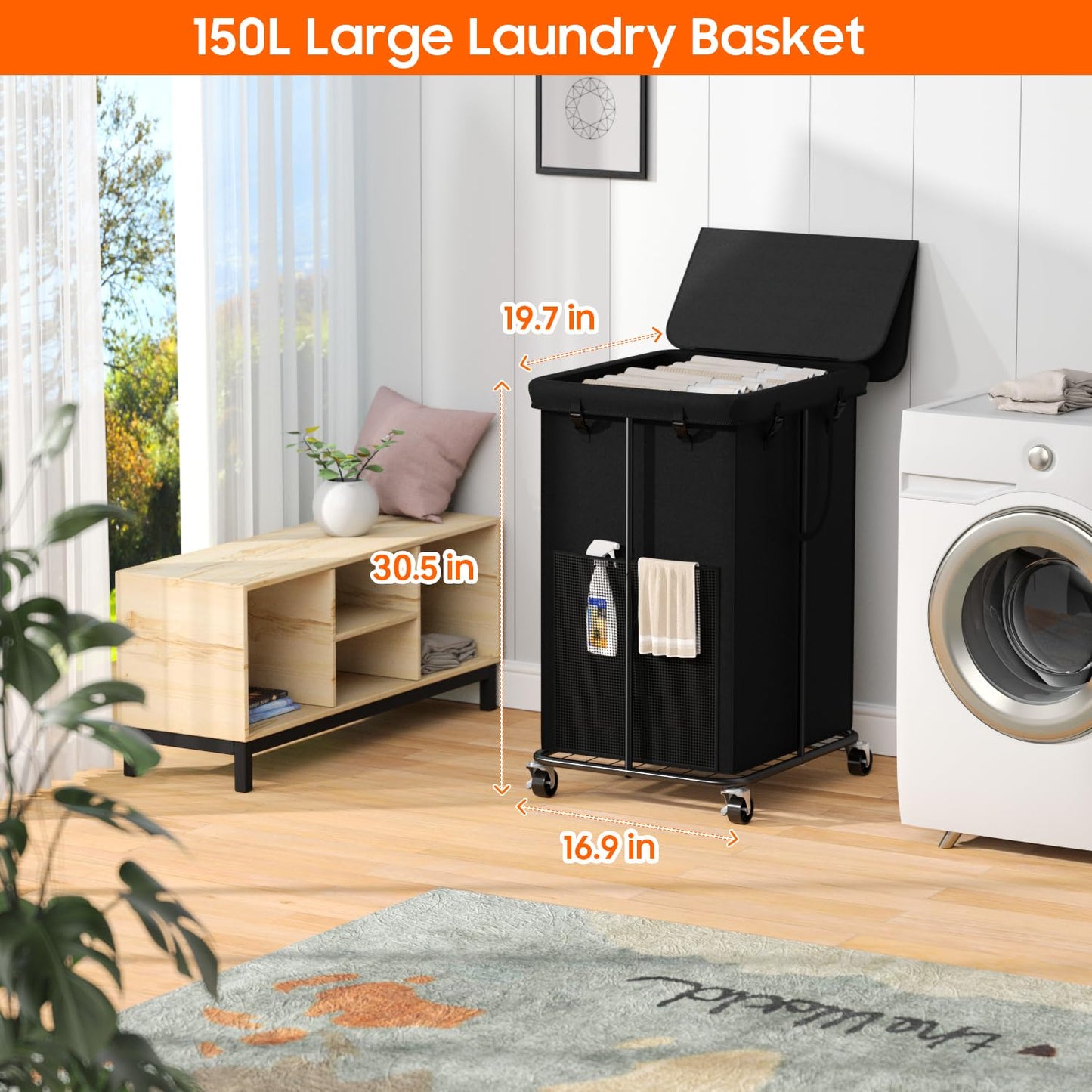 150l Laundry Hamper with Lid, Rolling Laundry Basket with Wheels, Large & Tall Dirty Clothes Hamper with Metal Frame and Removable Bag for Bedroom Aesthetic, Laundry Room, Bathroom, Dorm-Black