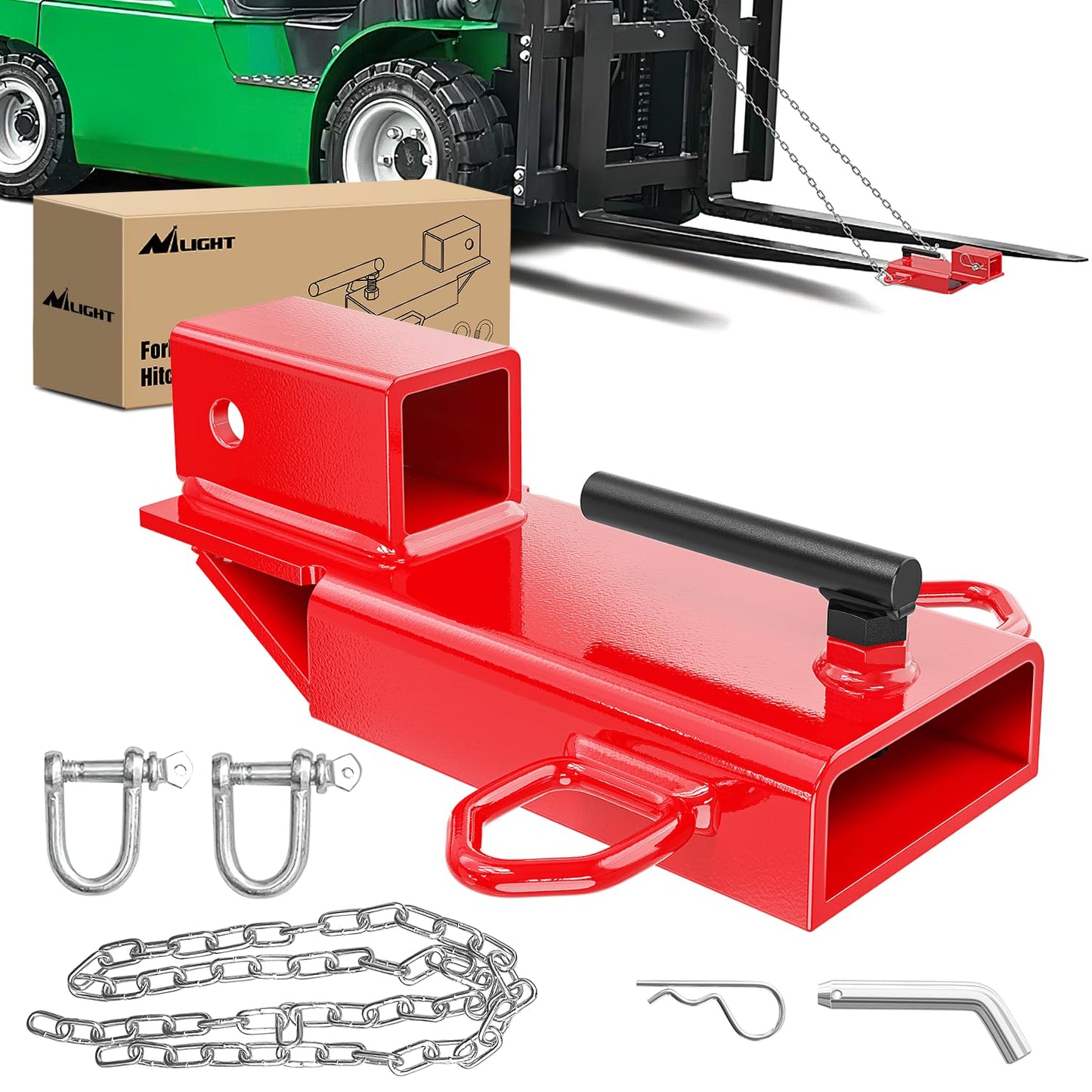 Nilight Forklift Trailer Hitch Attachment Fits 2 Inch Receiver Clamp on Pallet Fork Trailer Towing Adapter with Safety Chain & 5/8” Hitch Pin Clip Red