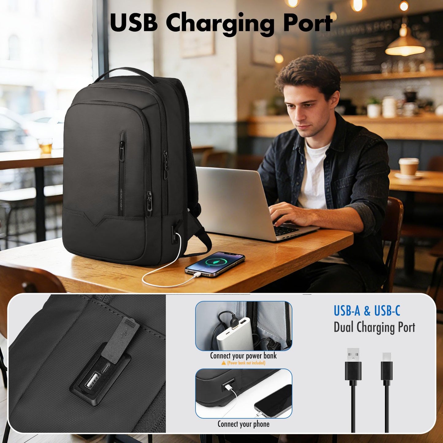 hk Slim Expandable Laptop Backpack for Men, 15.6 Inch Business Work Backpack with USB Charging Port, Water-Resistant Computer Backpack for Office Travel Daily Commute, Black