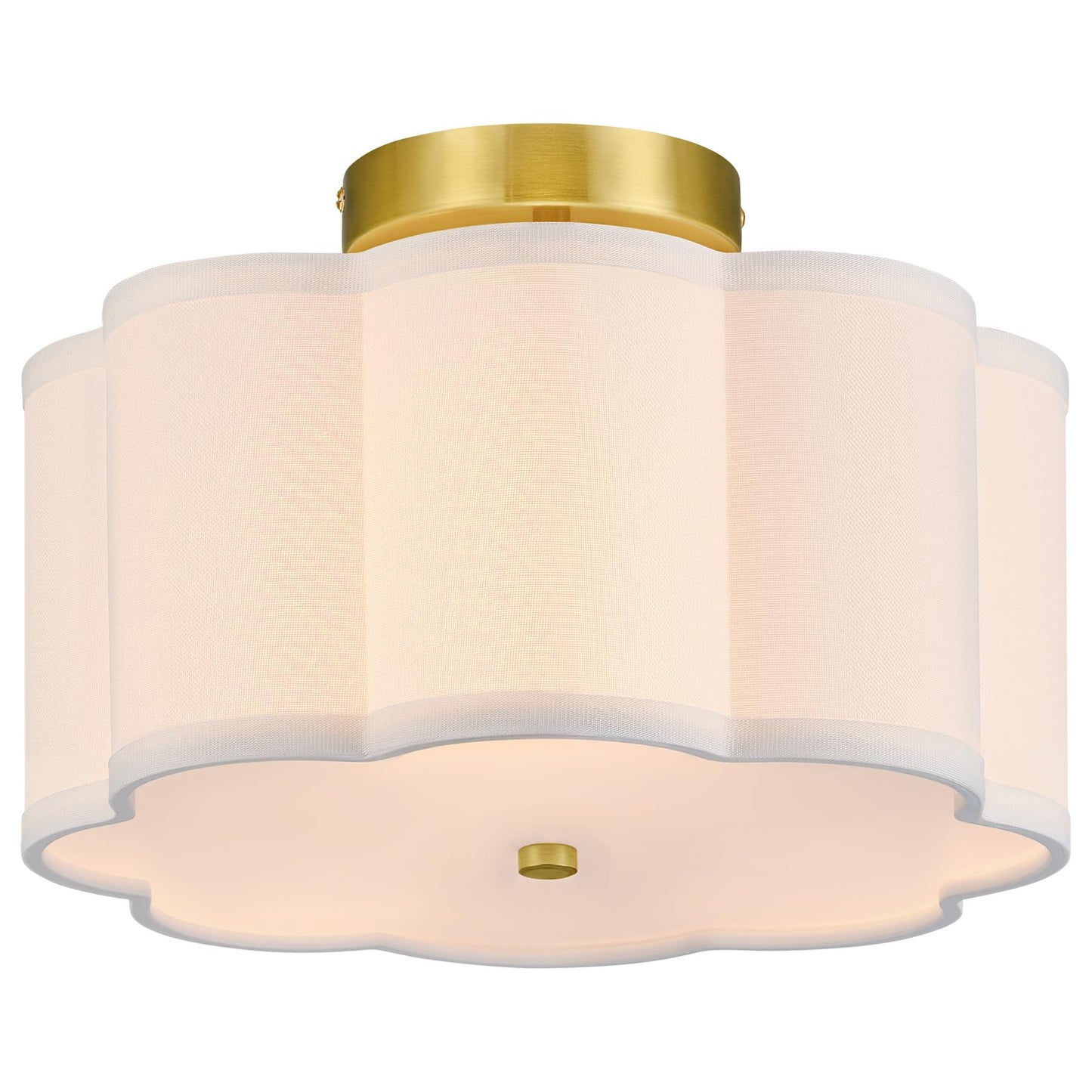 VONLUCE Semi Flush Mount Ceiling Light, 12.6" Ceiling Light Fixture with Flower-Shaped Fabric Shade, 3-Light Modern Light Fixture for Bedroom Living Room Nursery Hallway, White Shade & Gold Finish