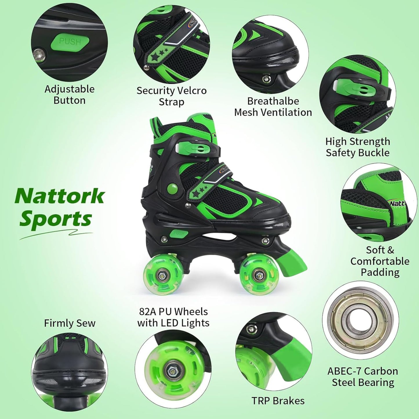 Kids Roller Skates for Boys - Green for Big Kids Age 7 8 9 10 - Adjustable All Light up Wheels Indoor Outdoor Sports Birthday Gift for Son and Grandson