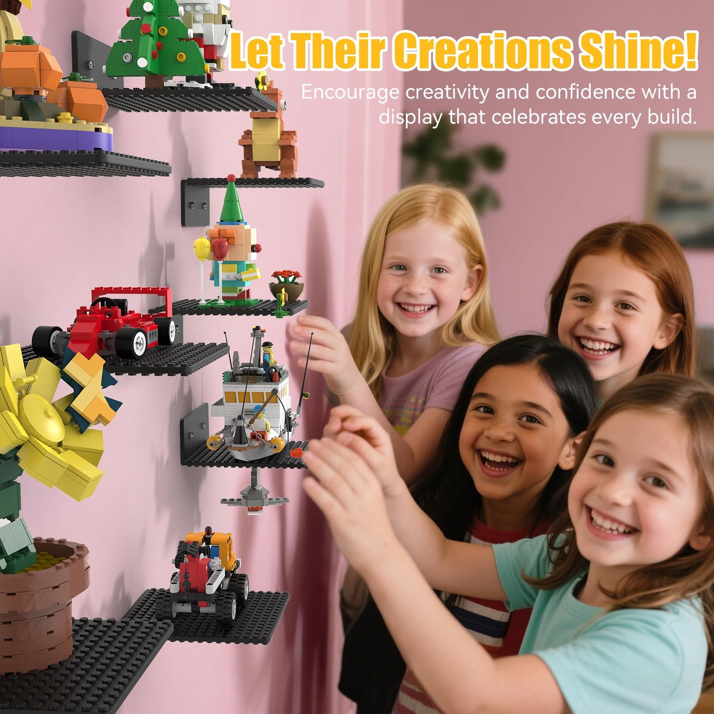 BlissBox 12-Pack Floating Shelves for Wall Compatible with Lego Building Bricks, 5x5.5inch Dual‑Sided 16x17 Studs for Toy Brick Storage and Display, ABS Display Shelves for Room Decor, Black