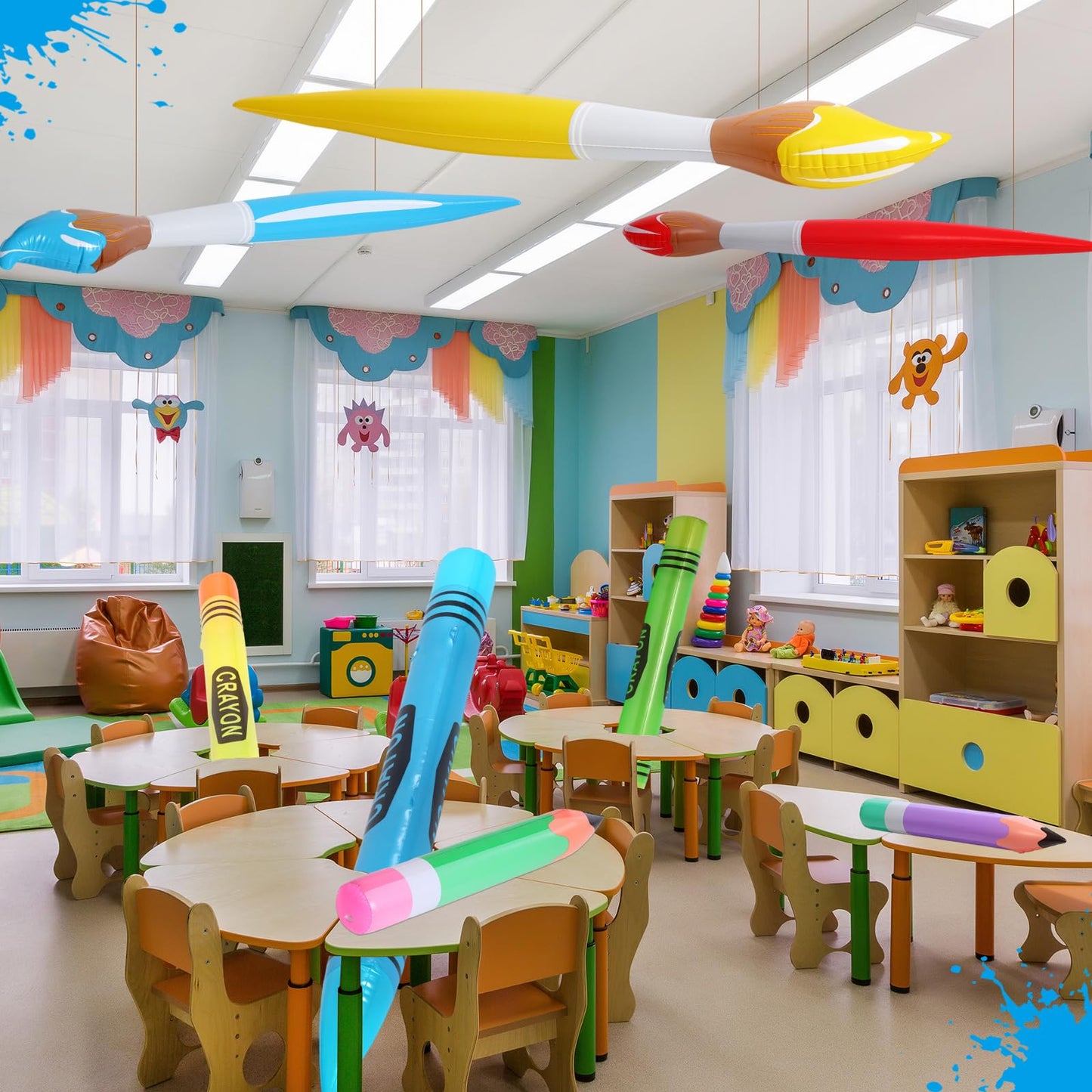 Glimin 12 Pcs Inflatable Crayons Balloons Decoration Set Giant Large Crayons Pencils Paint Brush Hanging Inflatable Decor for Garden Room Birthday Back to School Party Decorations,12 Designs