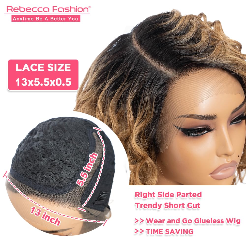 Rebecca Fashion Water Wave Bob Lace Front Wigs Human Hair 13x5.5x0.5 Large C Part Side Lace Front Wigs for Women 100% Brazilian Virgin Human Hair (12inch, Ombre Natural Color to Honey Blonde Color)