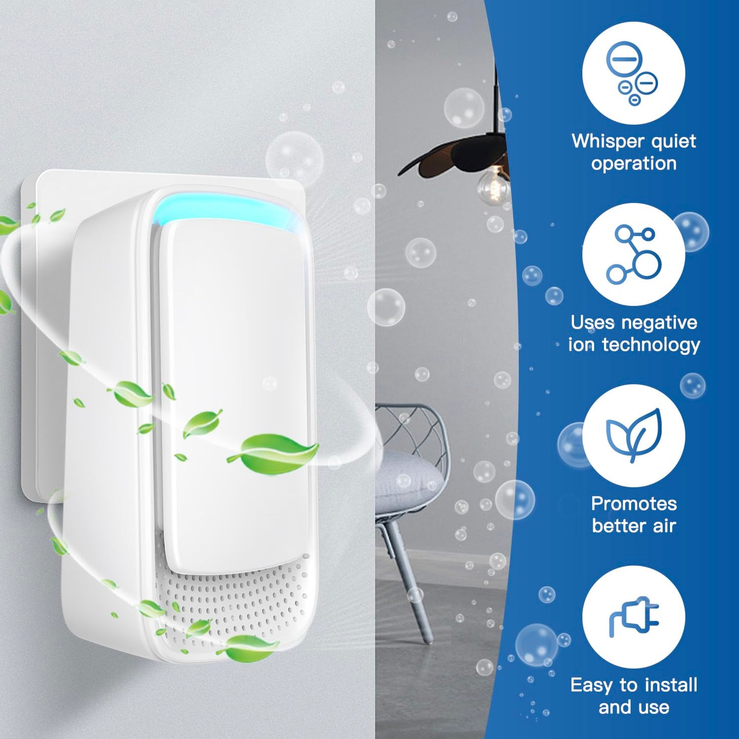 Plug In Air Ionizers - Negative Ion Technology Air Purifier - Quiet Operation Air Freshener for Home, Bedroom, Office, Garage Room - Portable Air Purifiers Odor,Pets Smell - Air Cleaner White (4 Pack）