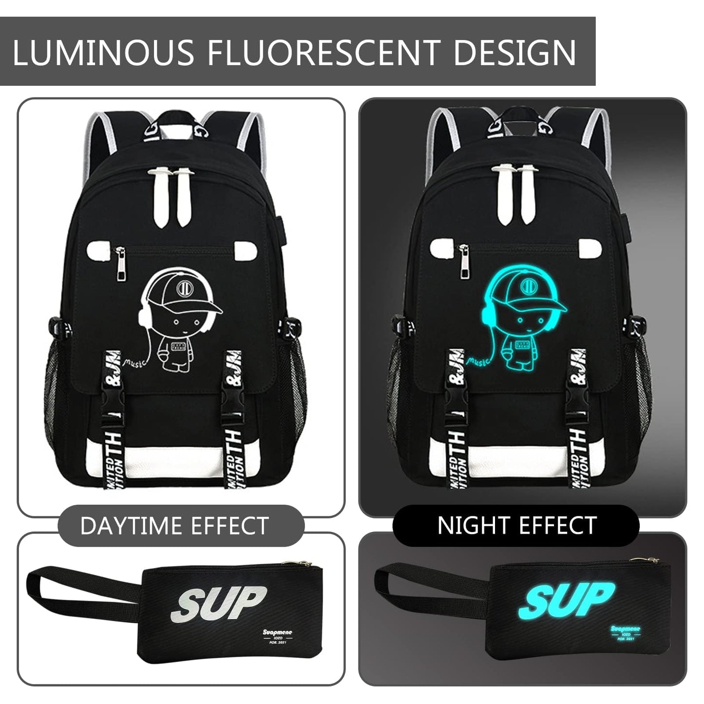 ASXMA Luminous Pattern Travel Laptop Backpack - Adjustable Shoulder Strap Waterproof Black Backpack With Usb Charging Port & Headphone Port School Backpack Includes Pencil Bag,combination Lock