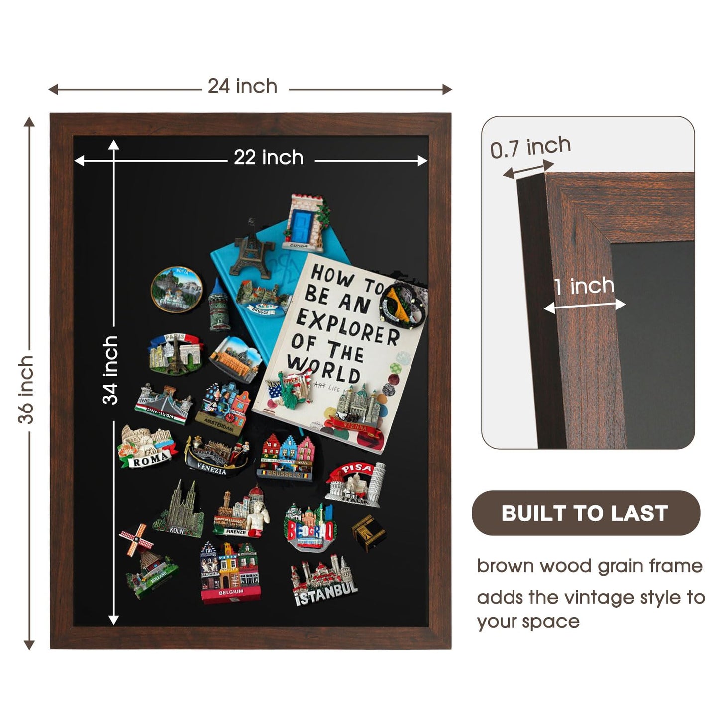 4 THOUGHT Chalk Board 24" x 36", Magnetic Large Chalkboard for Wall Rustic Blackboard Hanging Chalkboards Sign Menu Board for Kitchen Decor Office Home School 4 Markers 8 Magnets, Brown