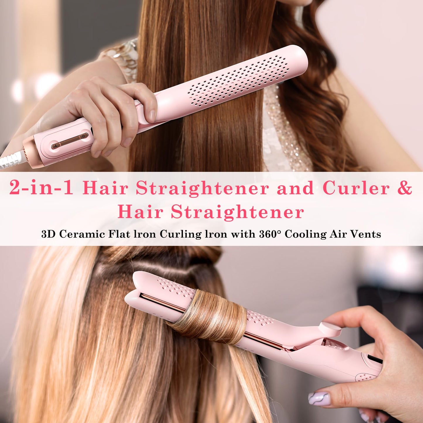 Hahahope Hair Straightener and Curler 2-in-1, 360°Airflow Styler Curling Iron, 20 Million Negative Ion Hair Care, LED Digital Display Multiple Temp, Auto Off, Dual Voltage