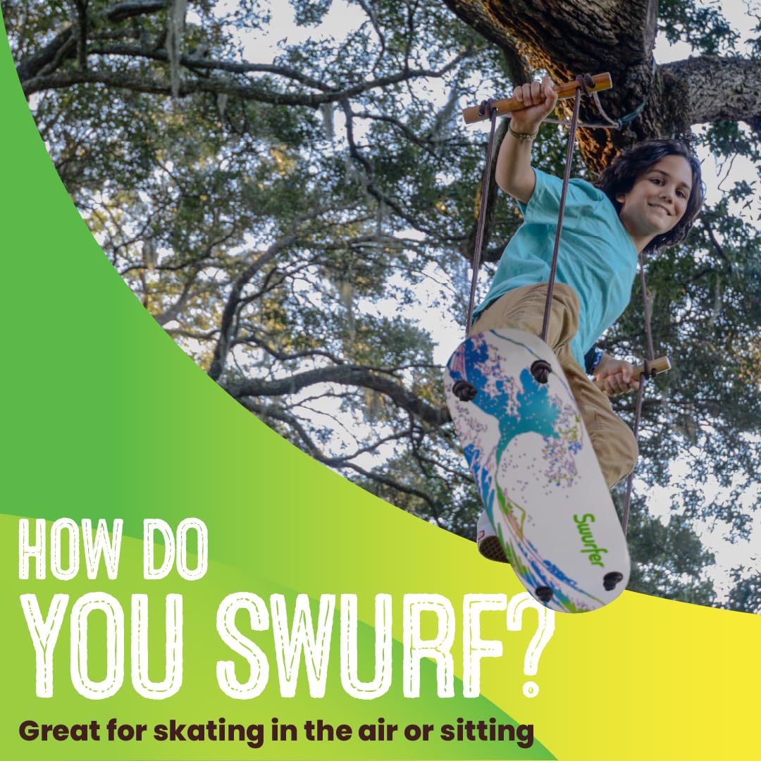 Swurfer TreeSkate Skateboard Swing, Outdoor Stand Up Surf Swing, Holds Up to 200 lbs, Ages 6 and Up, Adjustable Handles, Grip Tape, Kids Outdoor Play Equipment for Children and Adults (Waves) Blue