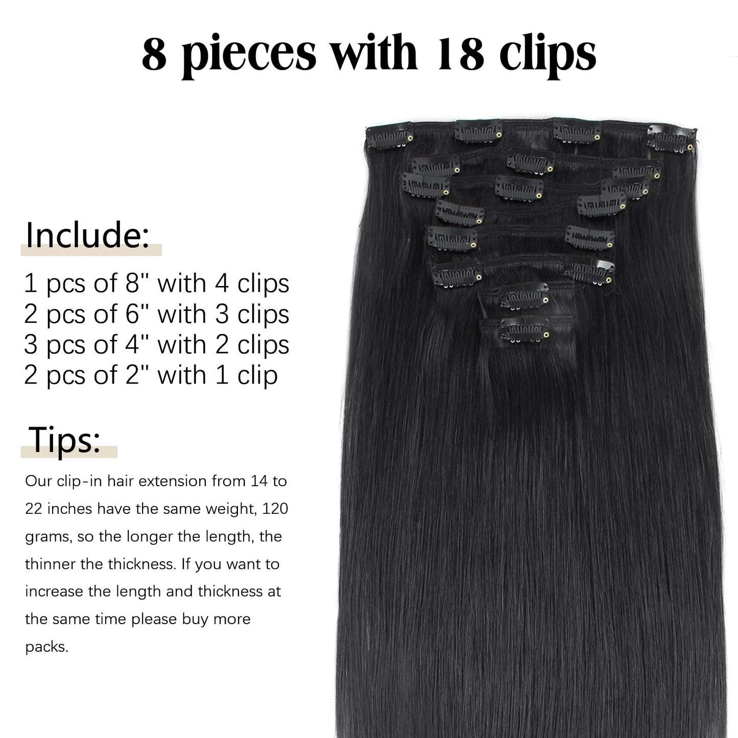 ABH AMAZINGBEAUTY HAIR Clip in Hair Extensions Real Human Hair Clip Extensions Real Human Hair Clip ins Black Silky and Soft Full Head Clip ins Human Hair Jet Black #1 Color 8 Pcs 14inch 120g