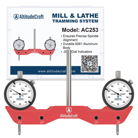 AltitudeCraft Precise Mill and Lathe Tramming System Tool, Machine Calibration for CNC Router and Mini Mill, 0.001” Dual Dial Indicators, 1/4" Shank