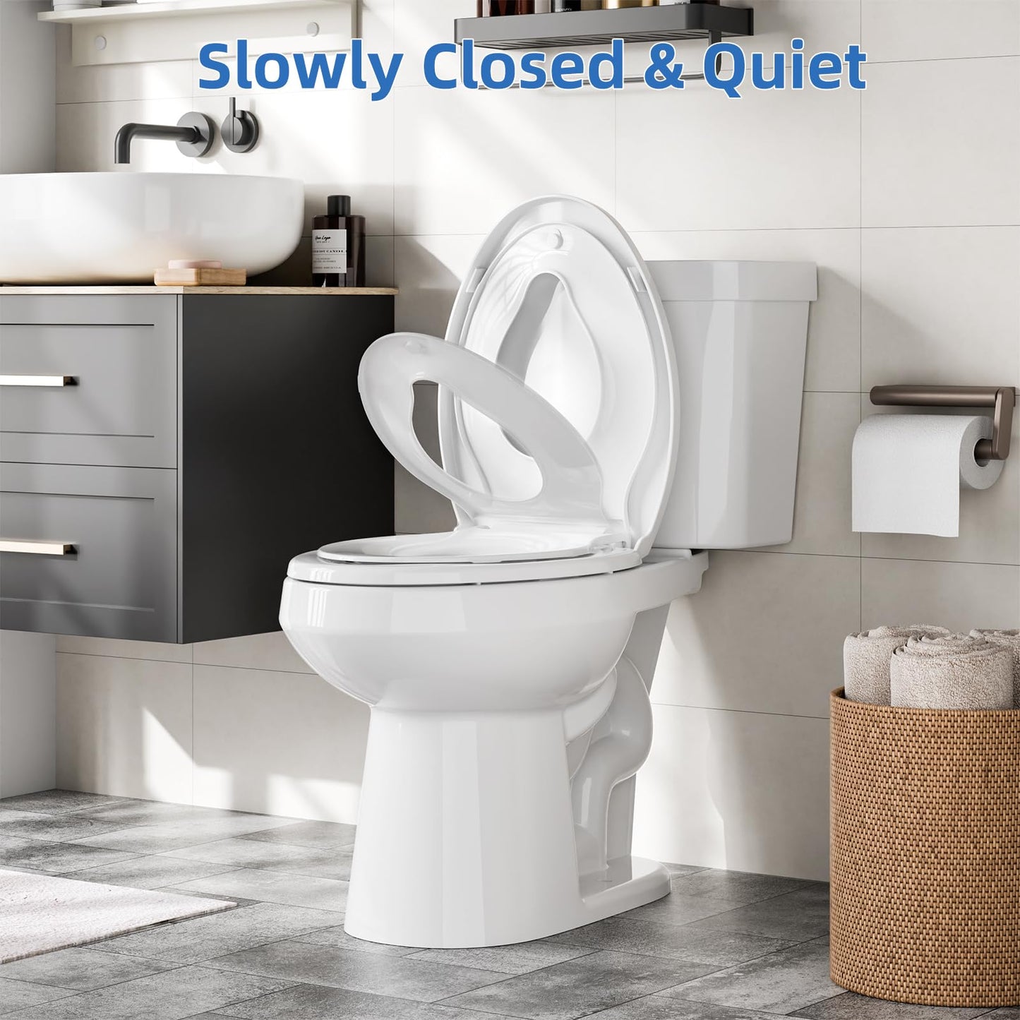 Toddler Toilet Seat – White Elongated Toilet Seat with Toddler Seat, Quick-Release & Slow-Close Hinges, Child & Adult Friendly, Fits 19-Inch Elongated Toilets, Perfect for Family Bathroom Training