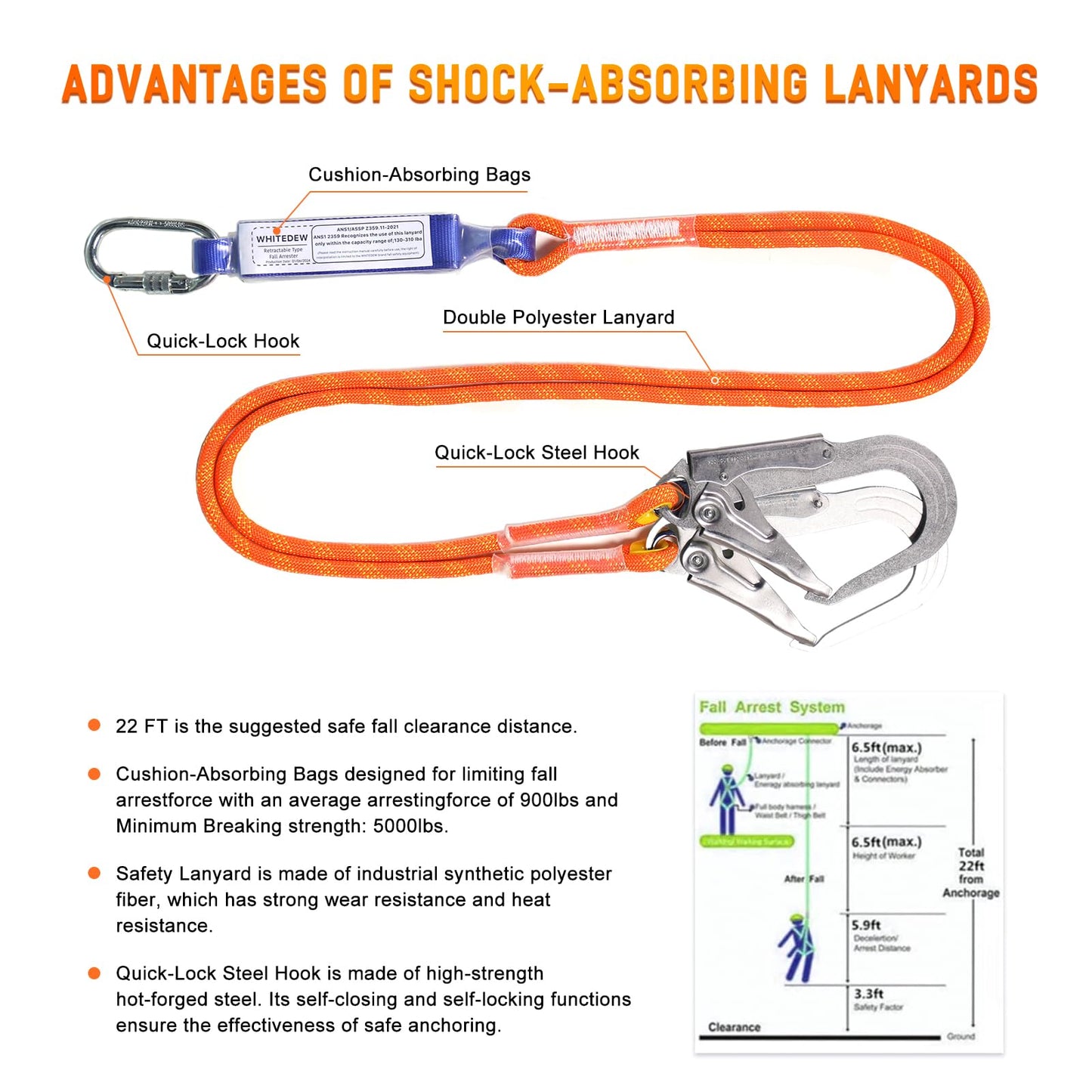 WHITEDEW Safety Harness Fall Protection Kit with Shock Absorbing Lanyard, Roofing Work Harnesses Full Body Safety Harness for Construction (Orange)