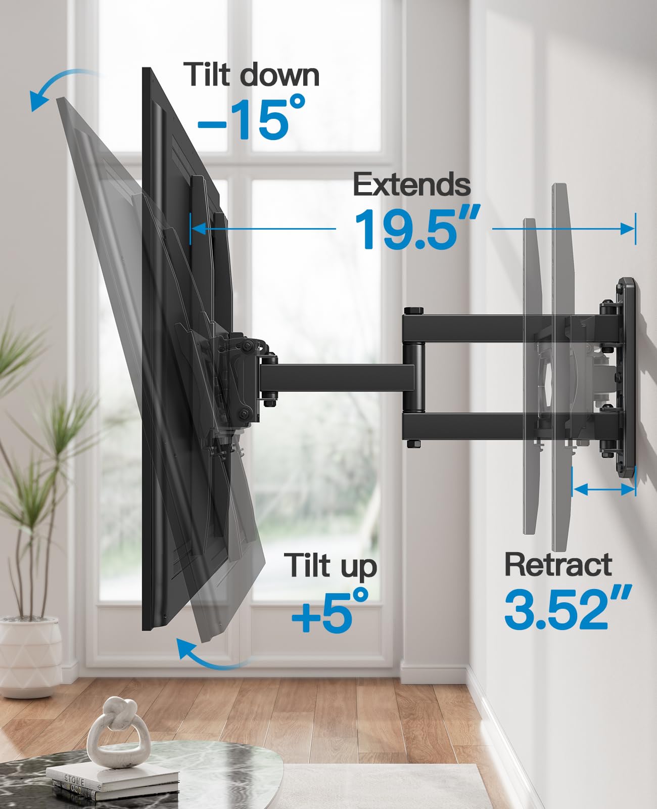 Pipishell Full Motion TV Wall Mount for 26-60 Inch Flat Curved TVs, Heavy Duty Single Articulating Arms TV Bracket Up to VESA 400x400mm and 77lbs, Support Swivel, Tilt, Level Adjustment