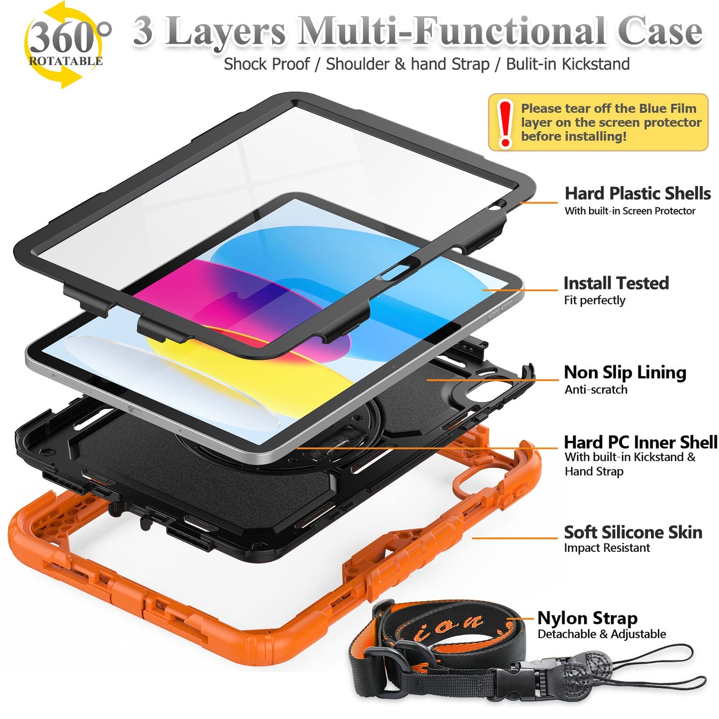 SEYMAC stock Case for iPad 10th Generation 10.9'', Full-Body Drop Protection Case with Screen Protector &360° Rotate Hand Strap/Stand, Black+Orange