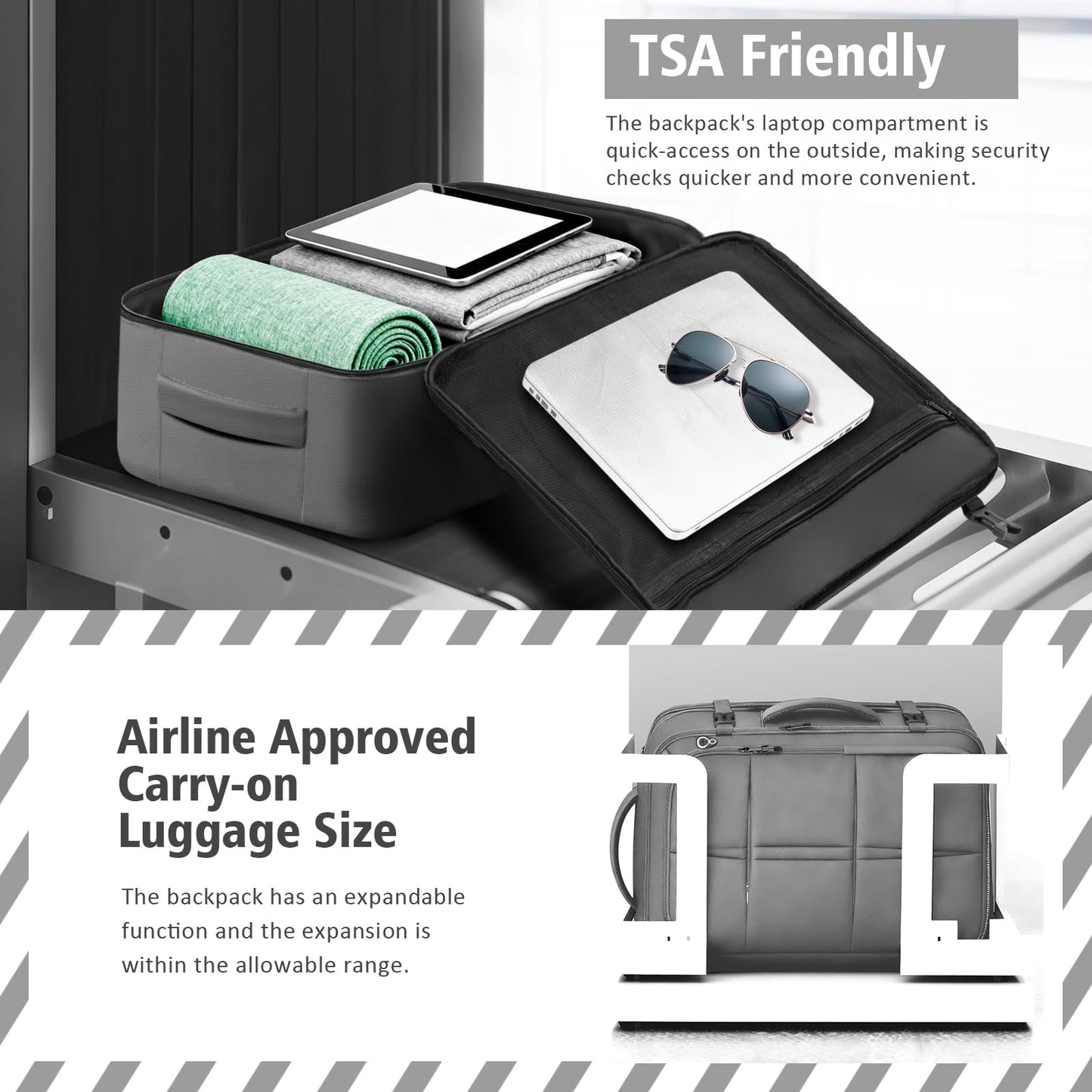 tazbuzo Travel Backpack, Extra Large 50L Flight Approved Carry on Backpack, Expandable Waterproof Business Suitcase Daypack Big Bag Fits 18.4 Inch Laptop, Grey