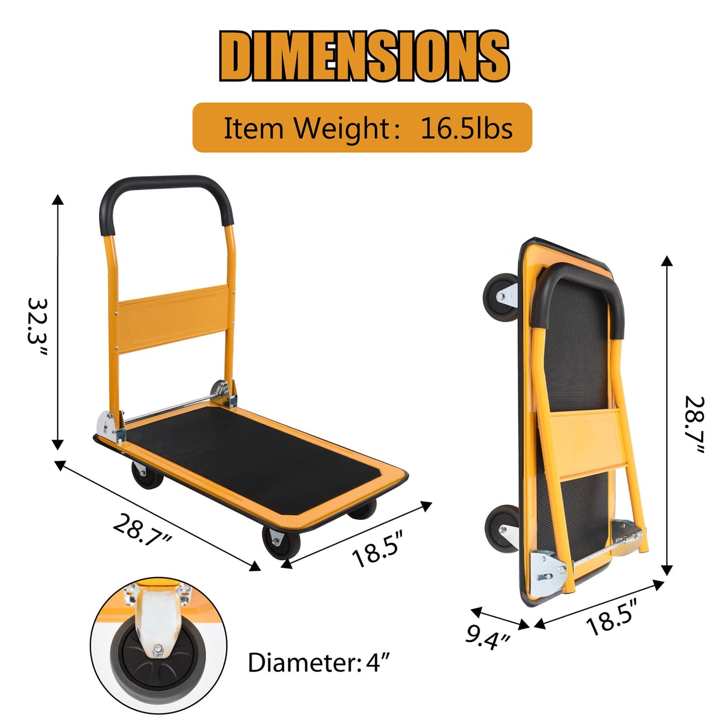 LEADALLWAY Foldable Push Cart Platform Cart 330lbs Capacity 4 Wheels 28.7x18.5x32.3inches Yellow Small Flatbed Cart