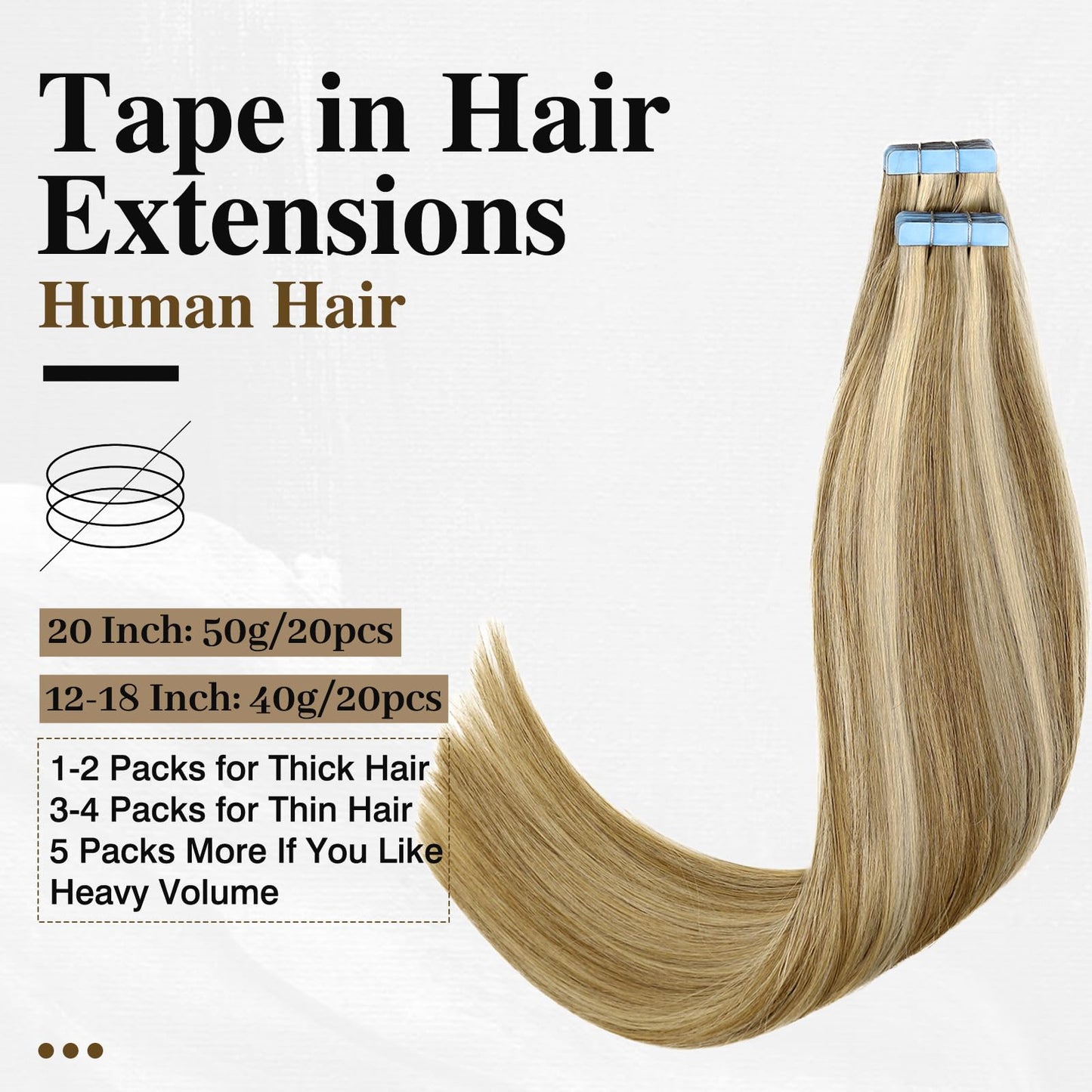 LADY MIRANDA Tape in Hair Extensions Remy Human Hair Full Ends PU Hair Extensions 20 Inches 50g 20Pcs Mixed Blonde Skin Weft Invisible Tape in Human Hair Extensions for Women
