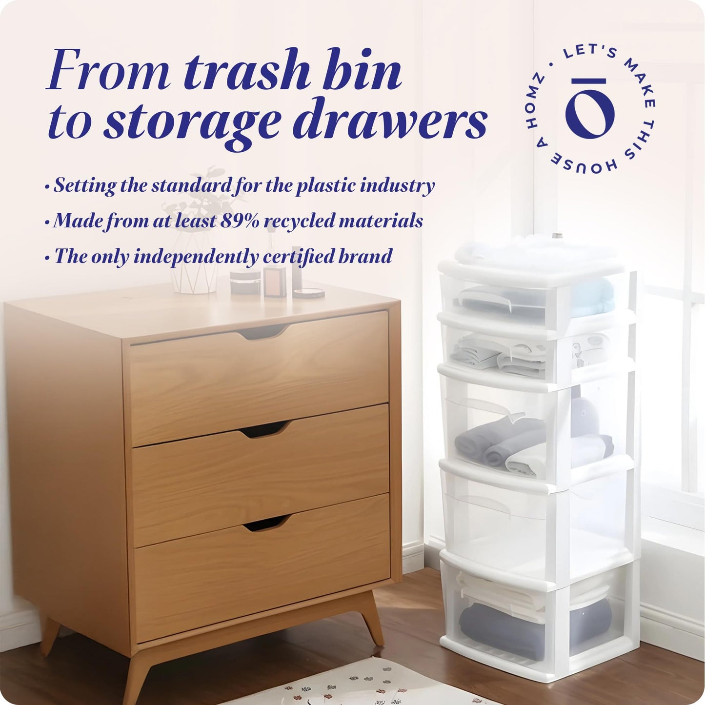 HOMZ 5-Drawer Storage Cart, Clear Plastic Drawers, 14.25" Wide Medium, White Frame - Organizing Drawer Containers for Home, Bathroom, Office, and Classroom
