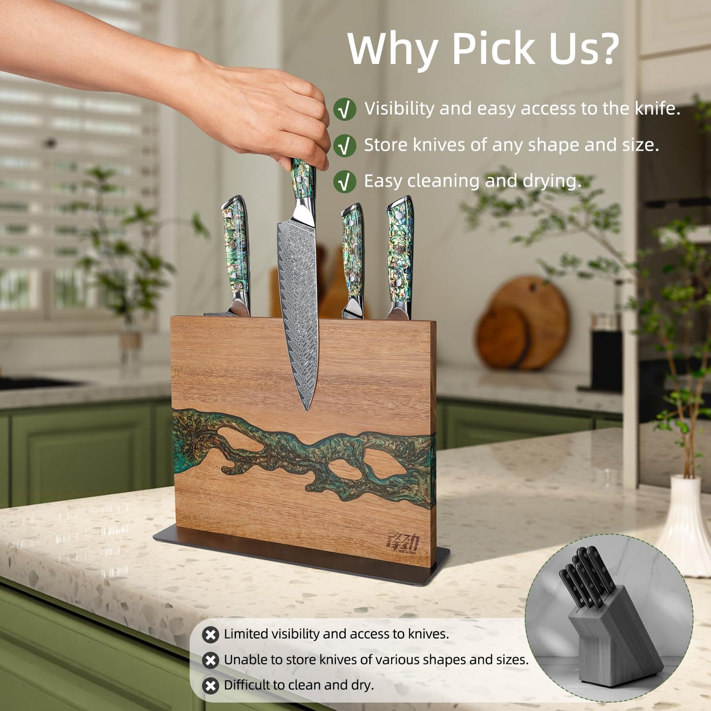 FINDKING Magnetic Knife Block, Double-Sided Knife Holder with Strong Magnets, Acacia Wood and Golden Green Resin, Countertop Kitchen Knife Storage Stand (12 × 10 Inches, Without Knives)