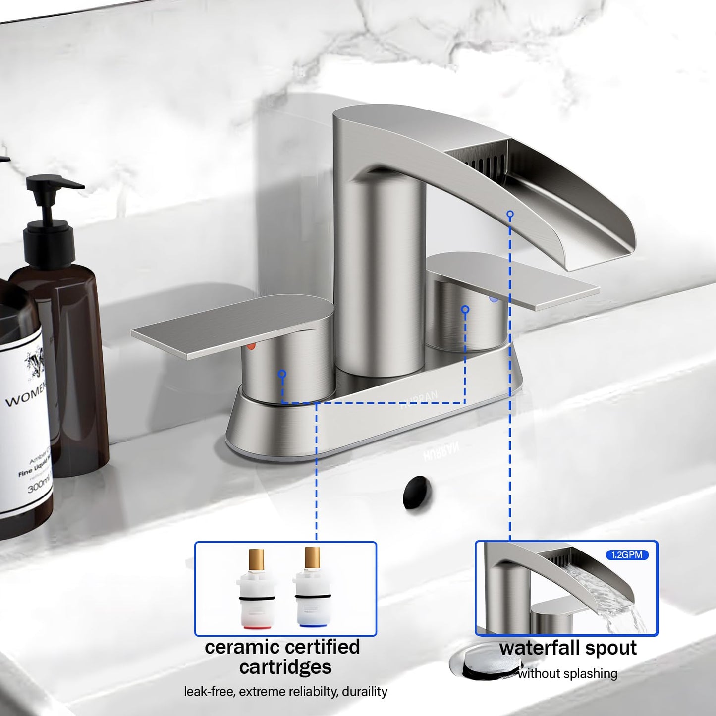 Bathroom Sink Faucet for 3 Hole, Hurran 4 Inch Bathroom Faucets with Pop-up Drain, Stainless Steel 2-Handle Waterfall Faucet for Sink, Brushed Nickel