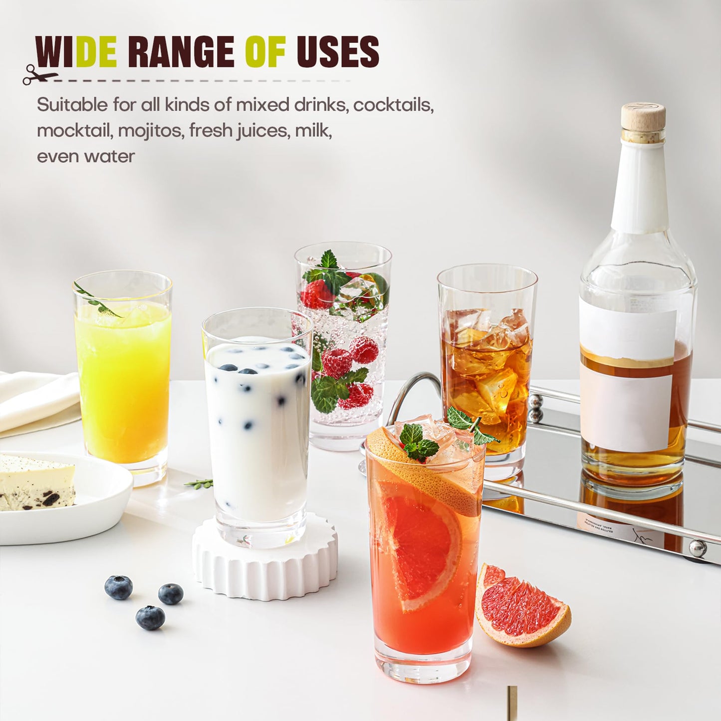OUWO Highball Glasses Set of 12, 13oz Tall Drinking Glasses, Water Glass for Kitchen, Tom Collins Glasses, Mojito Glass Cups, Cocktail Glasses for Bar Glassware