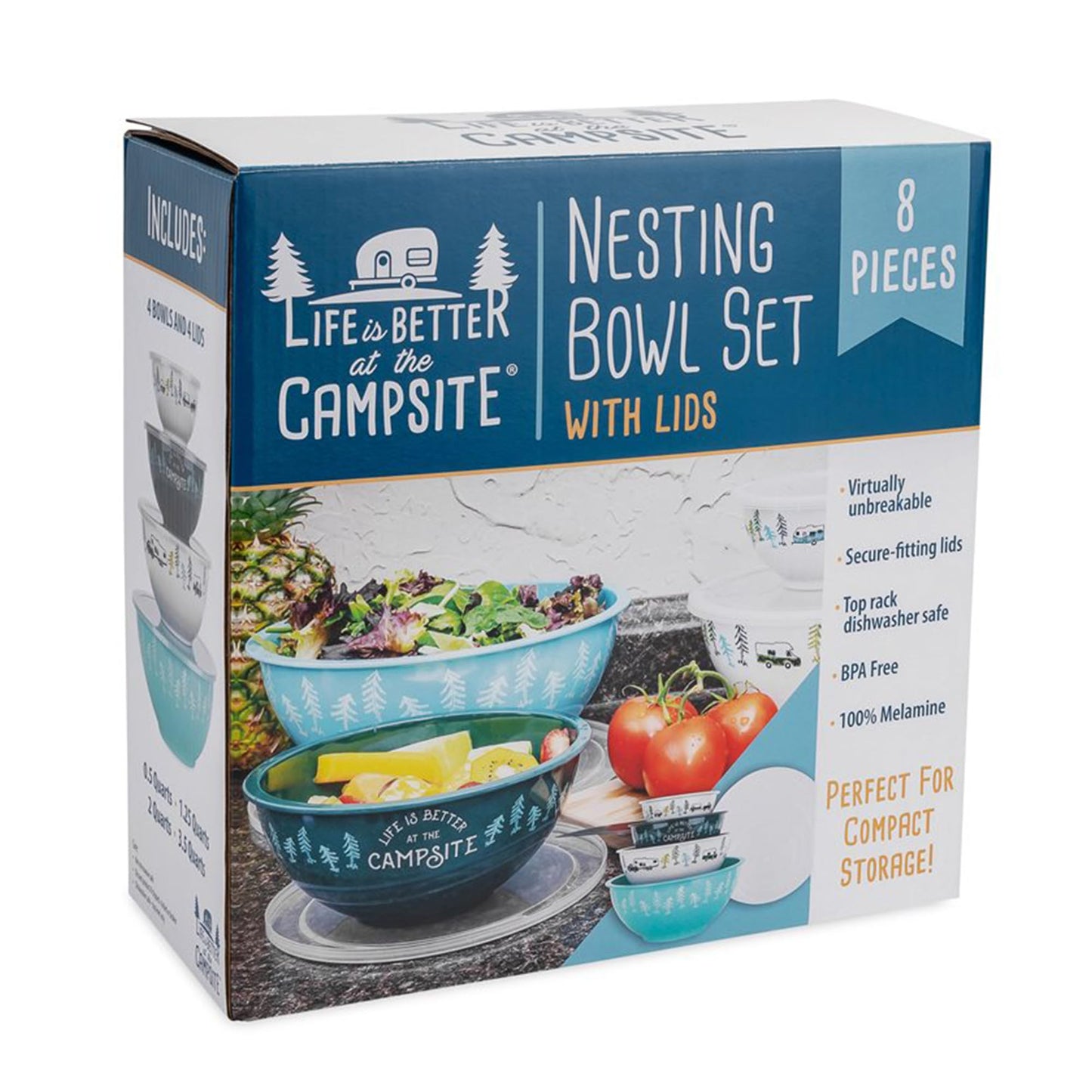 Camco Life is Better at The Campsite Nesting Bowl Set, Includes (4) Durable Melamine Bowls with (4) Plastic Lids Suitable for On-The-Go Lifestyles